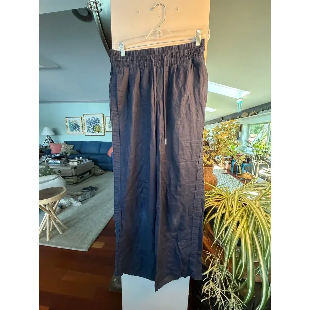 Quince 100% Linen Wide Leg Pants Navy Blue Drawstring Pull On Coastal Women S